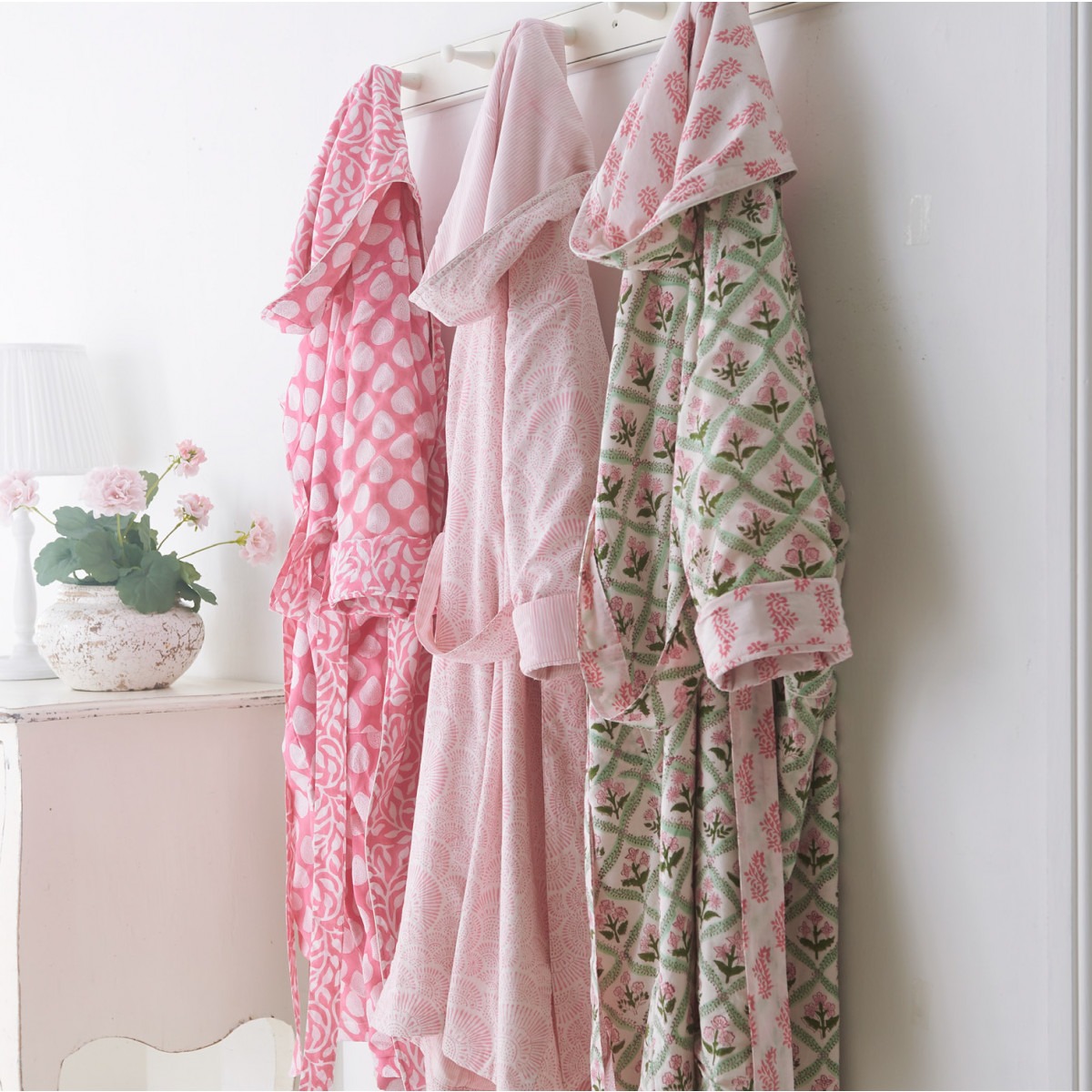Block Printed Hooded Robes Pink
