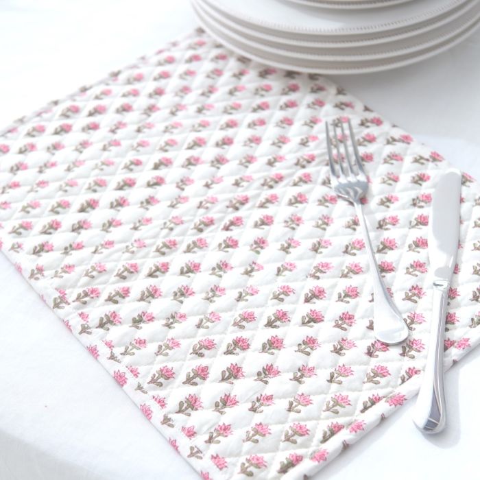 Block Printed Pink Flower Table Mat 