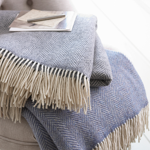 Indiamart Herringbone Throw Blue Merino Cashmere Blue Herringbone