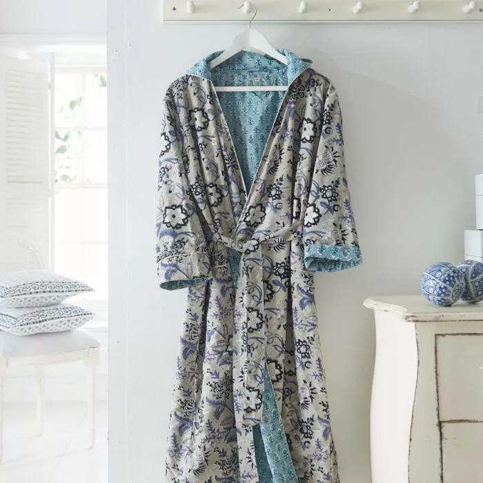 Block Printed Hooded Robe Grey Floral 