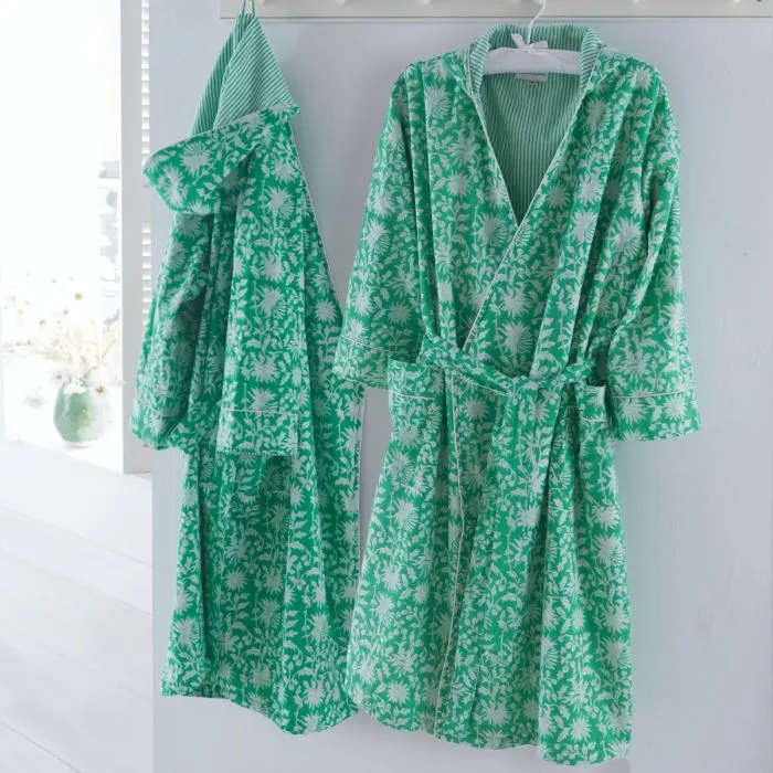 Block Printed Hooded Robe Green And White Flower