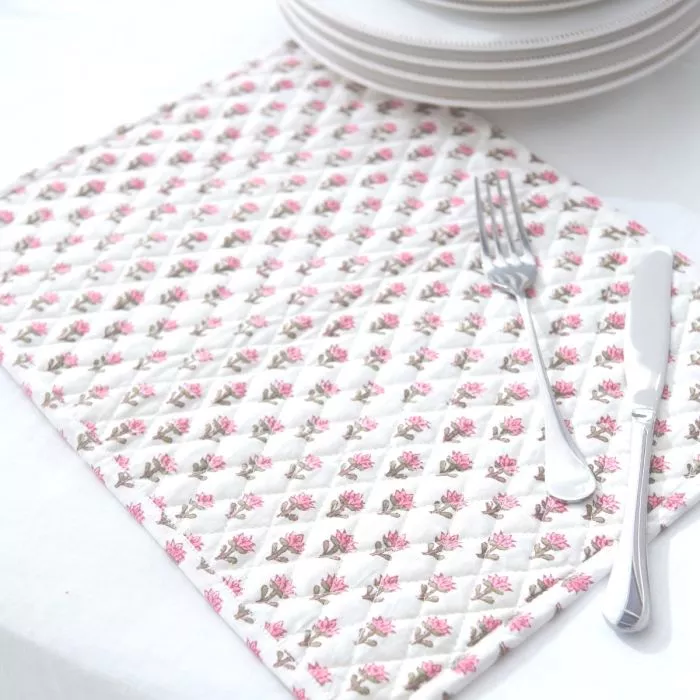 Block Printed Pink Flower Table Mat 