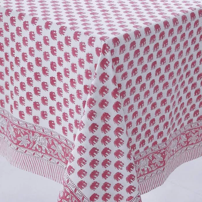 Block Printed Tablecloth Design 3 Pink Elephant 
