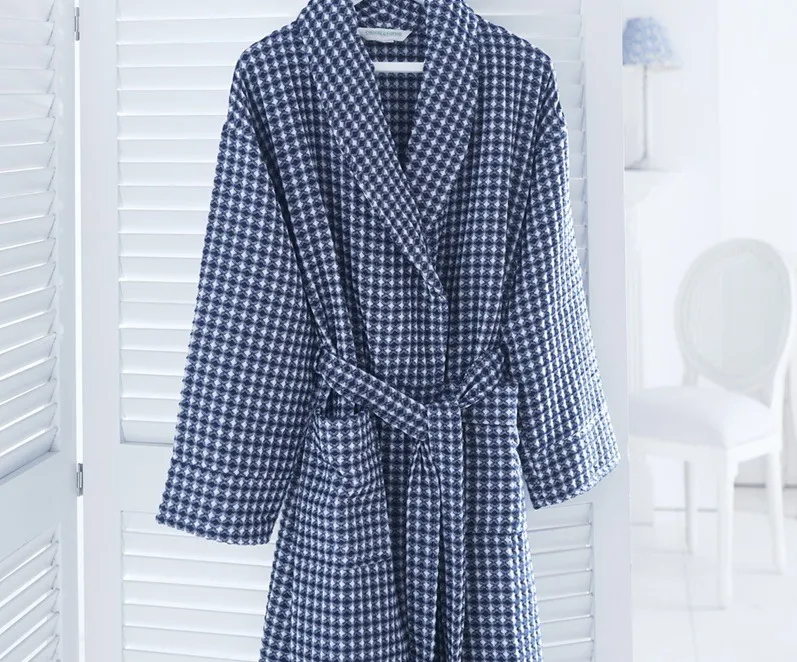 blue and white waffle robe